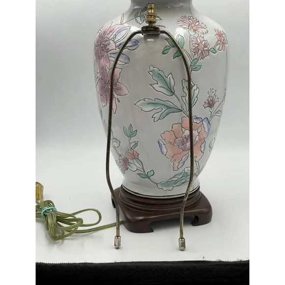 VTG Asian Blue Floral Ginger Jar Ceramic Table Lamp Painted Flowers 18” No Shade